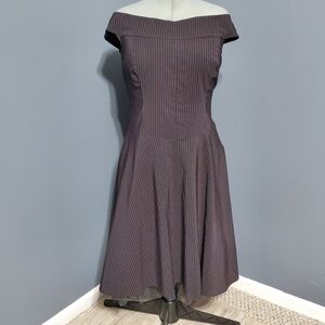 Morbid Threads Strapless Off Shoulder Black Midi Dress Red Pinstripes Size 16